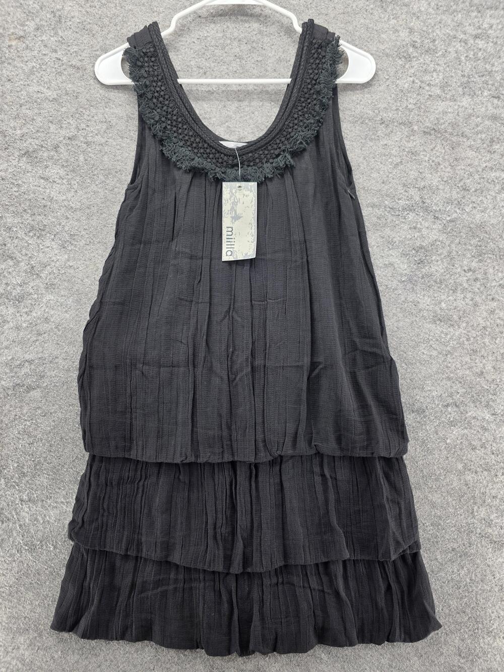 miilla Dress Womens Small Black Tiered Crinkle Boho Sleeveless Cotton M6116